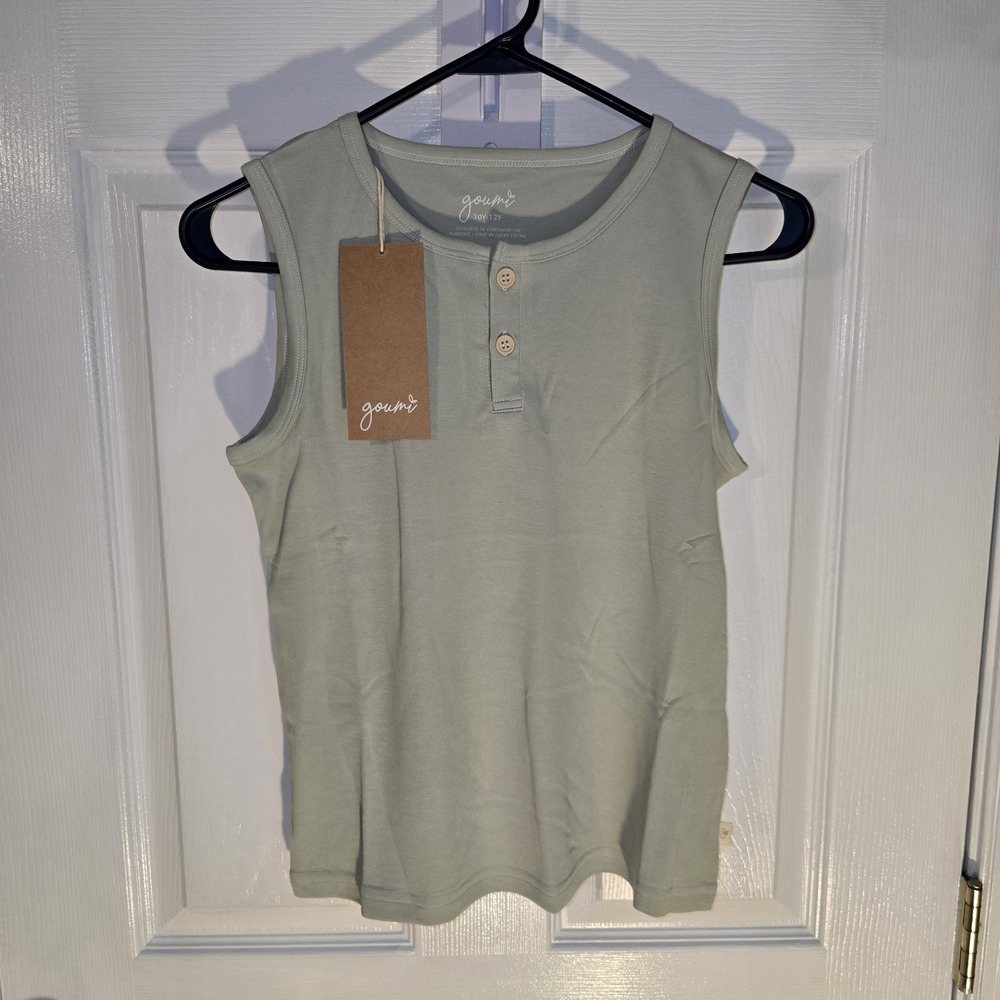 Goumi Kids Tank Top Sage Green Sleeveless Button Up 10Y-12Y Casual